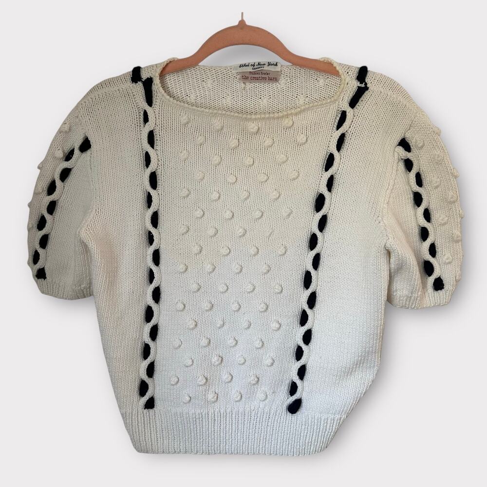 Vintage Hand Knit French Girl Preppy Coastal Short Sleeve Sweater With Pom Poms - Picture 2 of 12